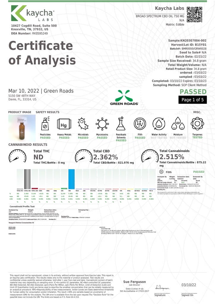 Green Roads Oil COA Results Page 1