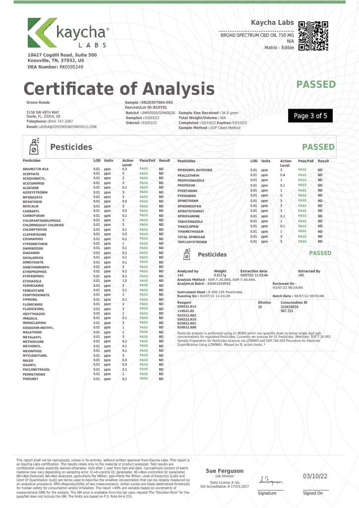 Green Roads Oil COA Results Page 3