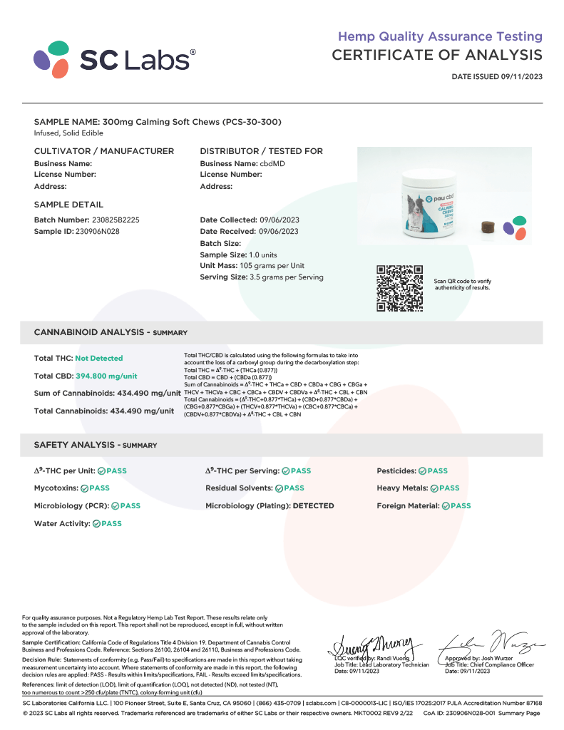 Lab Test Report - CBD Dog Chews Calming 600mg - Full Ingredient Breakdown