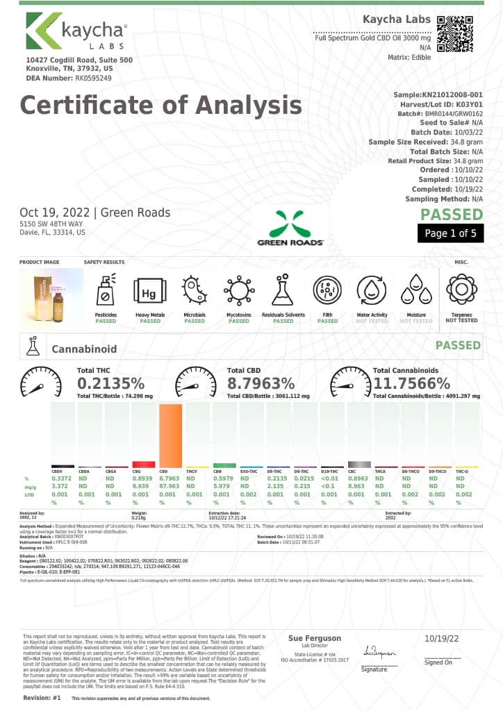 GRcbd Oil COA Results Page 1