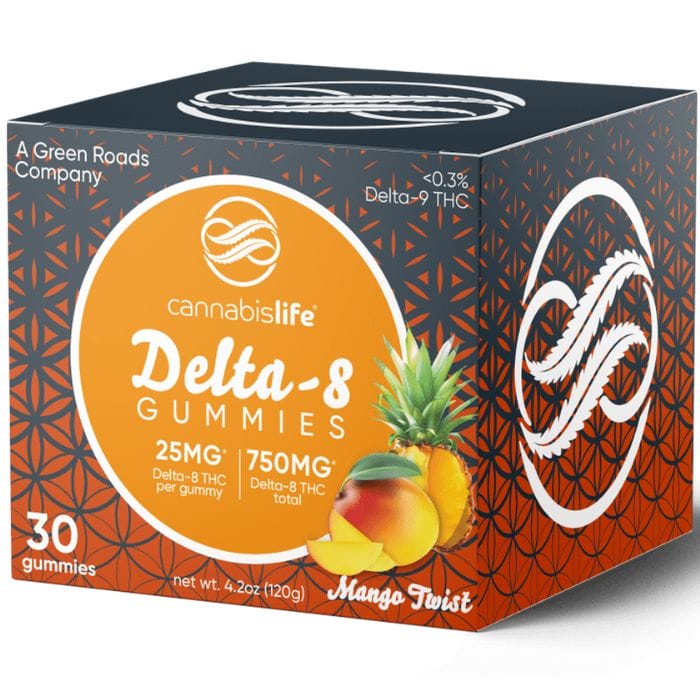 Front of Cannabis Life Mango D8 Gummies package with vibrant mango design