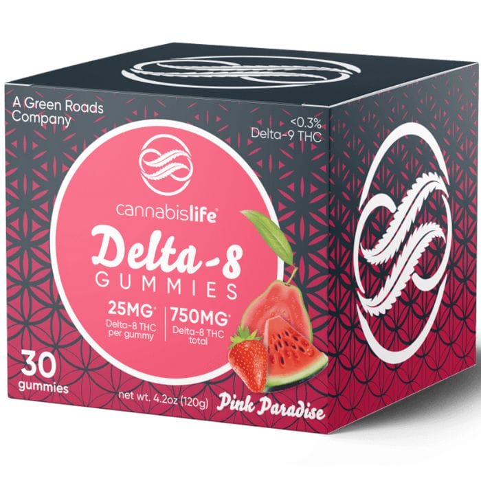 Front of Cannabis Life Pink Paradise D8 Gummies package with vibrant pink and tropical design