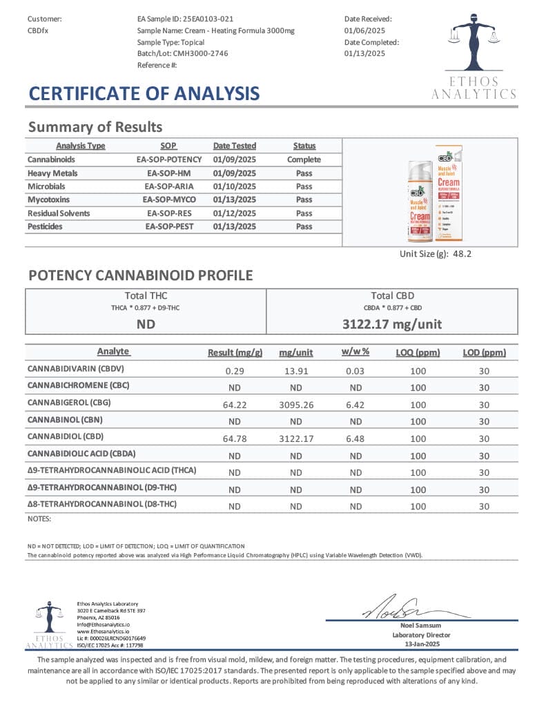 Lab Test Report - Page 1 for CBD Cream - 3000mg Heating Formula - Full Ingredient Breakdown