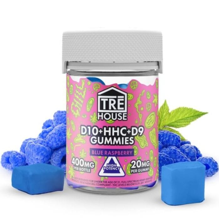 Front of Blue Raspberry Blend THC Gummies package with bold blue raspberry design