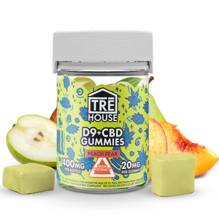 Front of Peach Pear THC Gummies package with vibrant peach and pear design