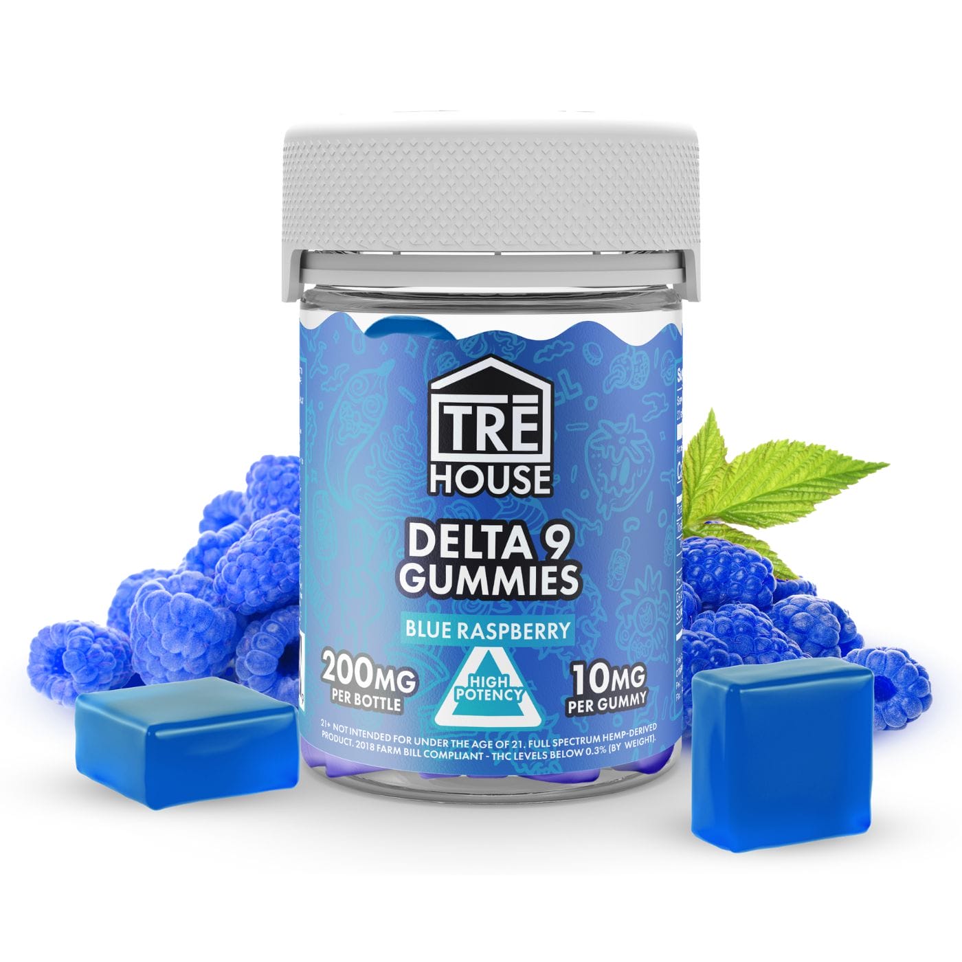 Front of Blue Raspberry THC Gummies package with vibrant blue raspberry design