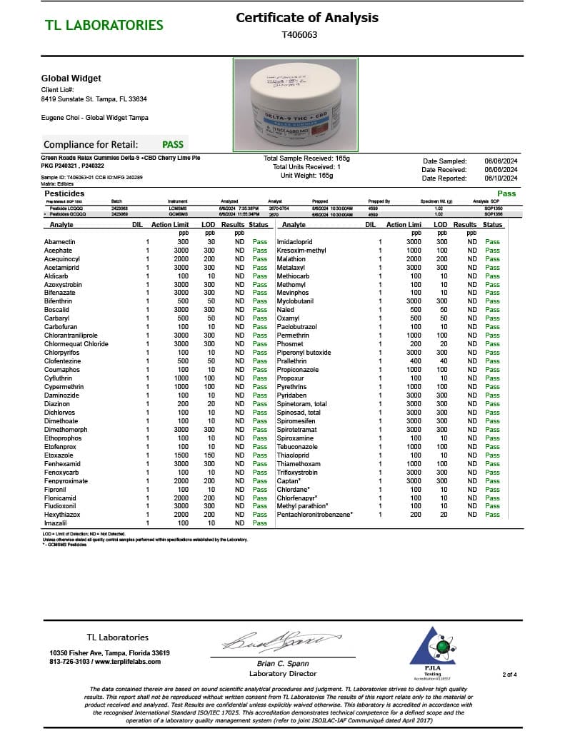 Lab Test Report - Page 2 for Delta-9 THC + CBD Gummies Cherry - Potency Analysis