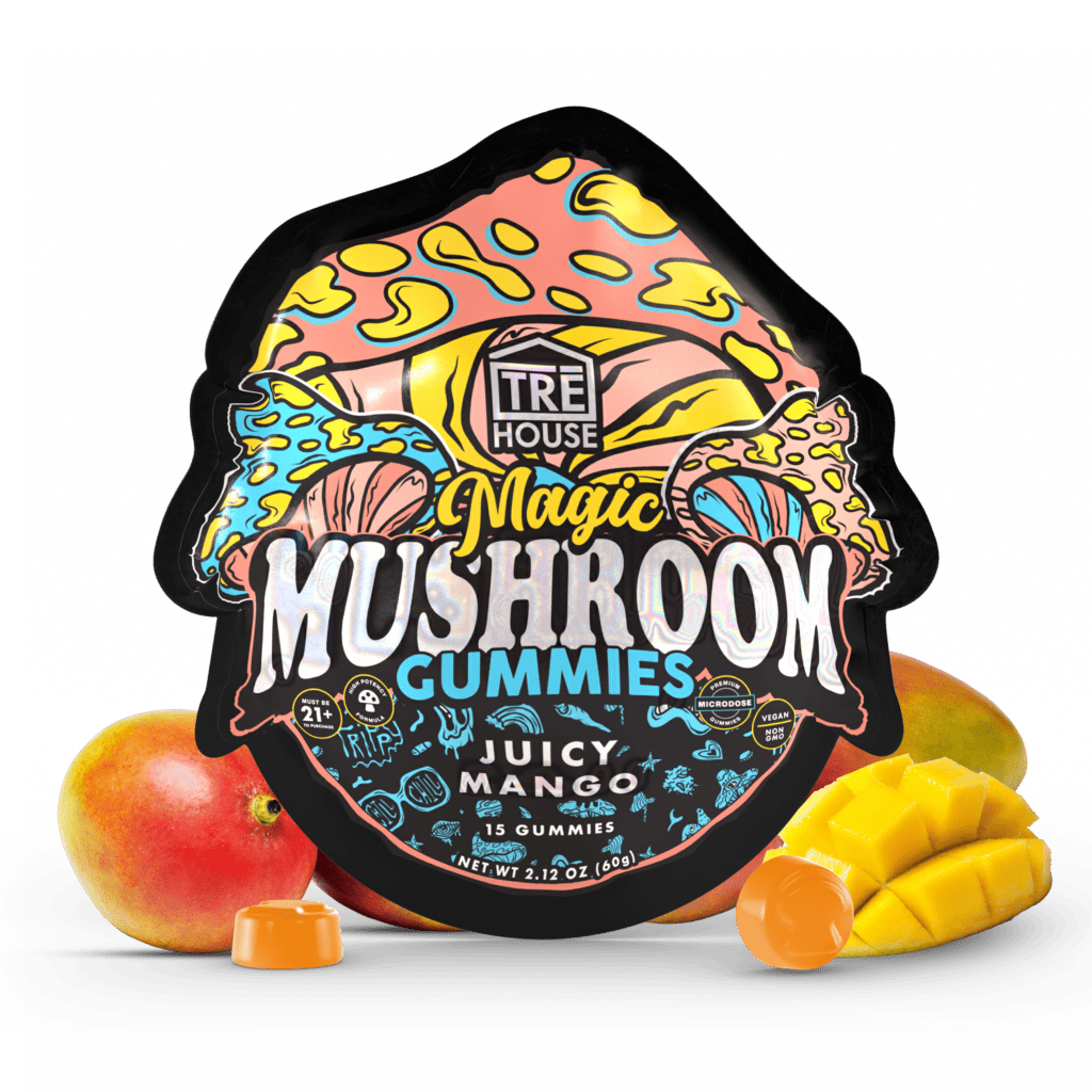 Front of Tre House Mango Mushroom Gummies package with vibrant mango design