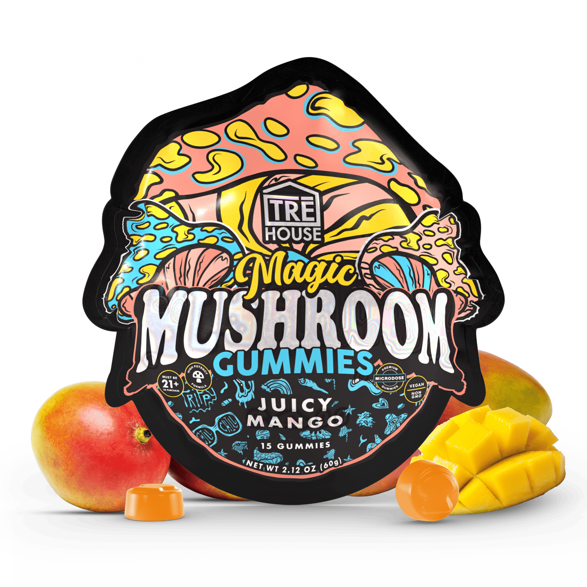 Front of Tre House Mango Mushroom Gummies package with vibrant mango design