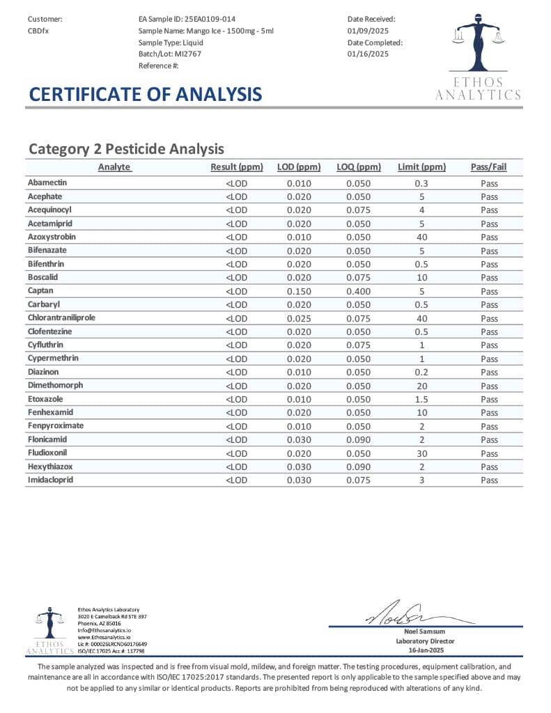 Lab Test Report - Page 4 for CBD Vape - Mango Ice - Contaminant Screening