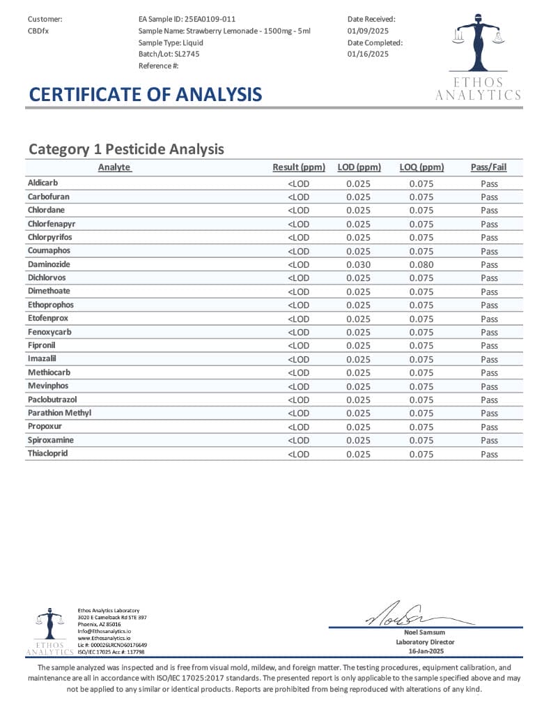 Lab Test Report - Page 4 for CBD Vape - Strawberry Lemonade - Contaminant Screening