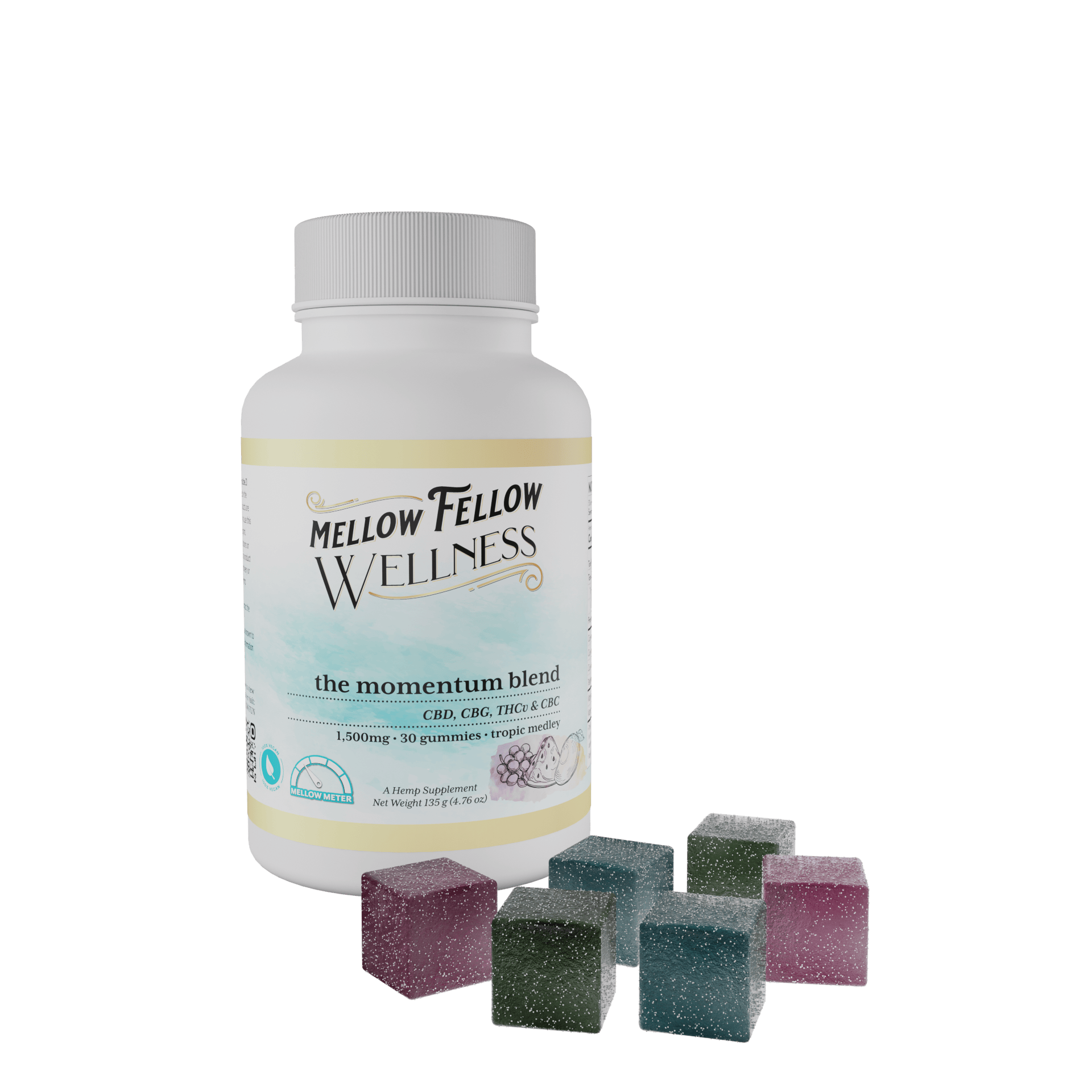 Image depicting a 30 count bottle of Mellow Fellow Gummies Energy Blend