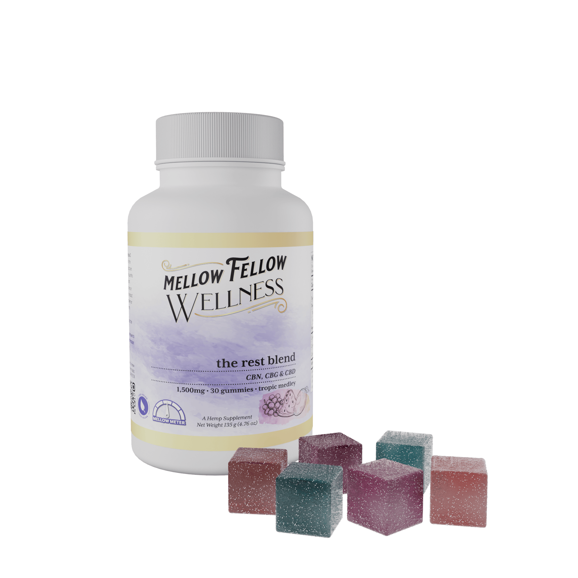 Image depicting a 30 count jar of Mellow Fellow Gummies Sleep Blend