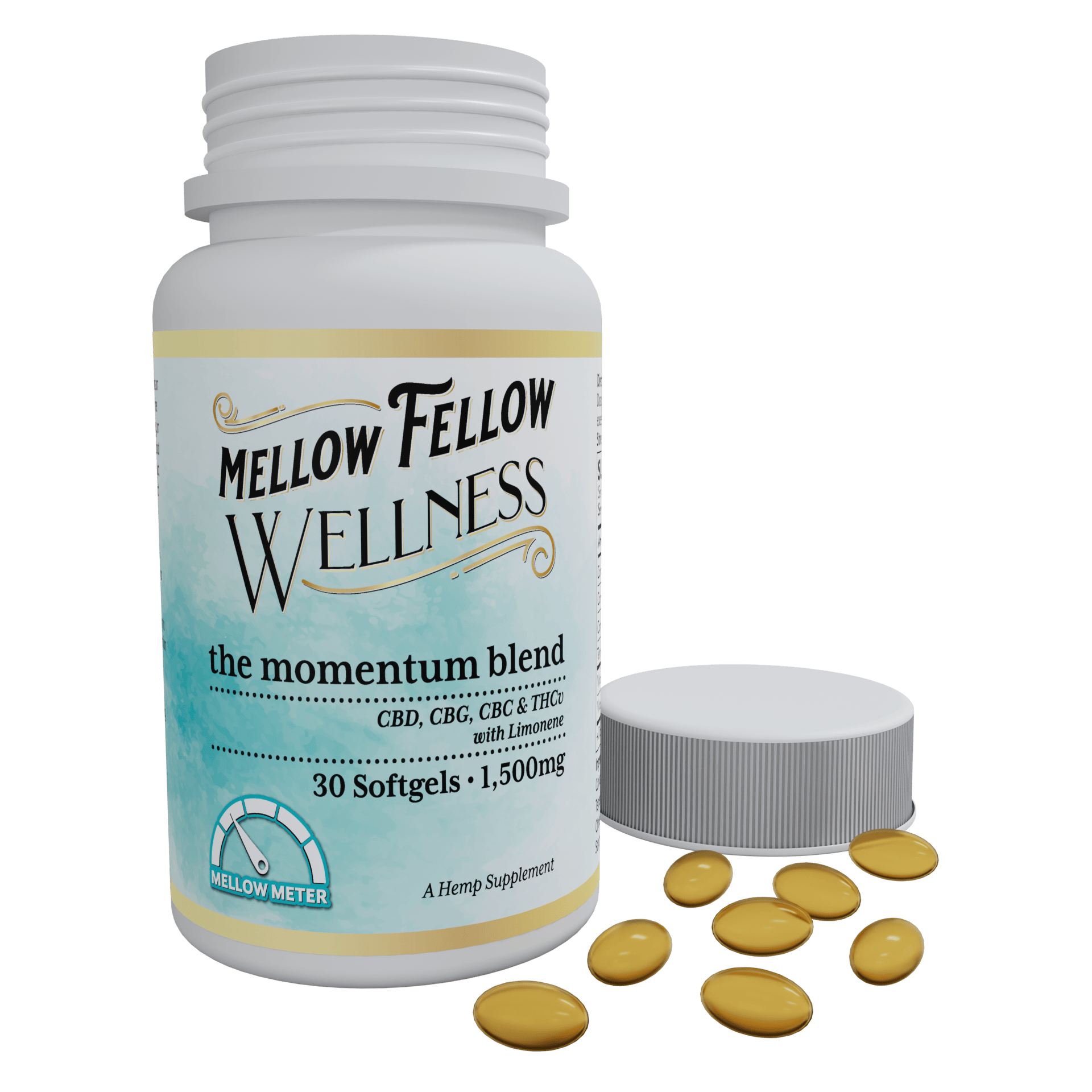 Image depicting a 30 Count bottle of Mellow Fellow THC Capsules Energy Blend