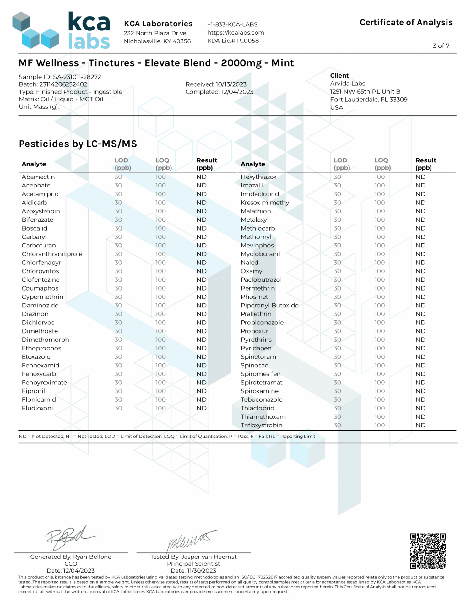 Image depicting the third party lab test results for the Mellow Fellow Tincture Elevate Blend Page 3