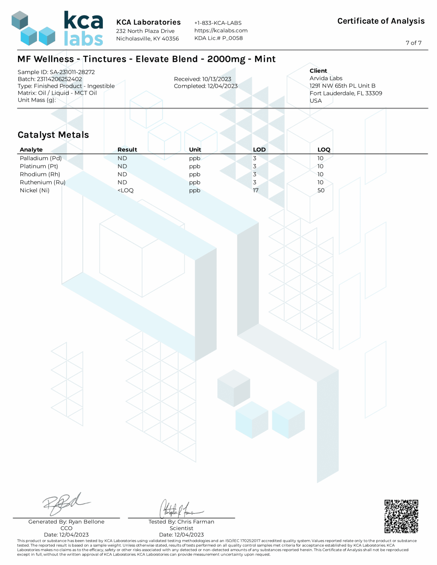 Image depicting the third party lab test results Page 7