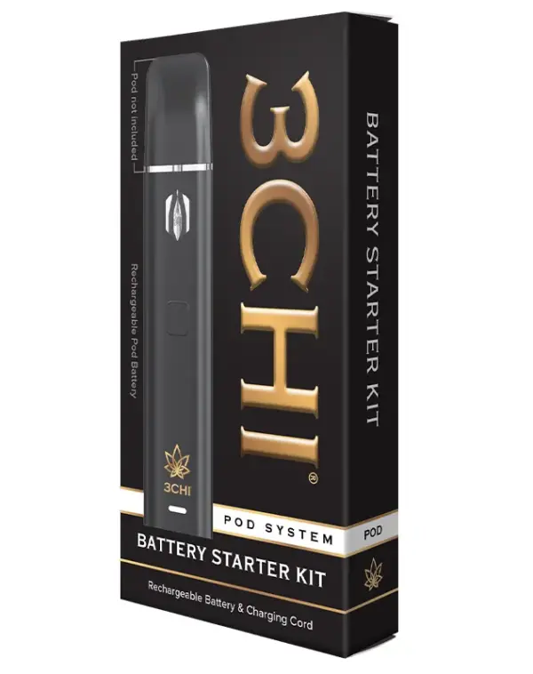 Front of 3CHI THC Pod Battery Starter Kit showcasing sleek battery design and compact packaging