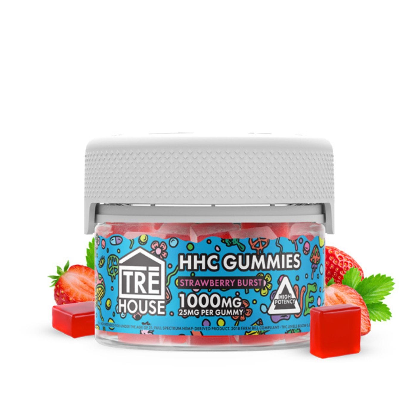 Front of 40ct Strawberry Burst HHC Gummies package with vibrant strawberry design