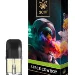 Front of 3CHI Space Cowboy Pods with THC showcasing sleek pod design and cosmic western-inspired packaging