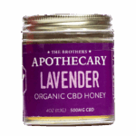 Front of 4oz Lavender CBD Honey jar with calming lavender design