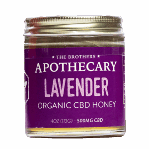 Front of 4oz Lavender CBD Honey jar with calming lavender design