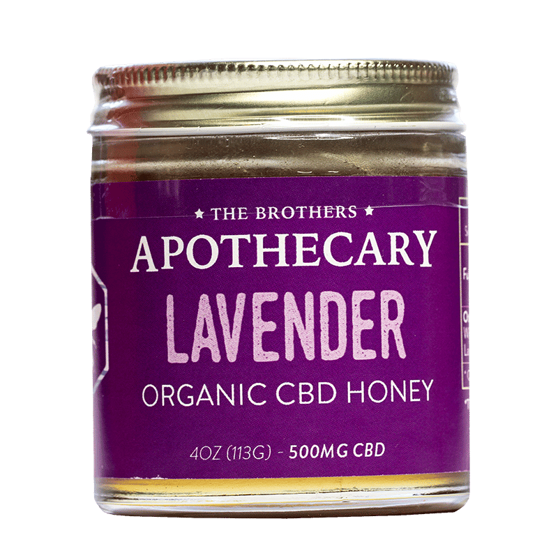 Front of 4oz Lavender CBD Honey jar with calming lavender design