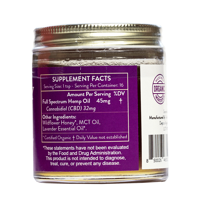 Back of 4oz Lavender CBD Honey jar showing ingredient and nutrition information