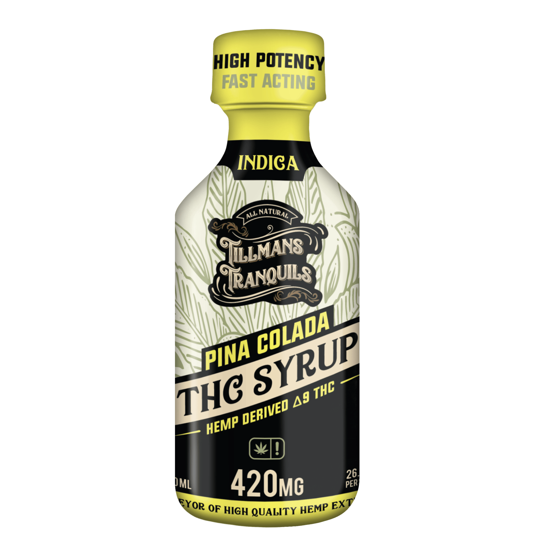 Piña Colada THC Syrup bottle with tropical pineapple and coconut flavor highlights