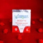 Close-up of Cannabis Pharmacy 2ct 100mg THC Gummies in vibrant packaging, showcasing 200mg Delta 8 THC in a convenient 2-pack.