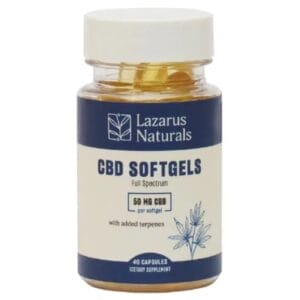 Front of Lazarus Naturals 50mg CBD Softgels bottle with minimalist design