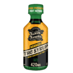 Mango THC Syrup bottle with tropical mango flavor highlights