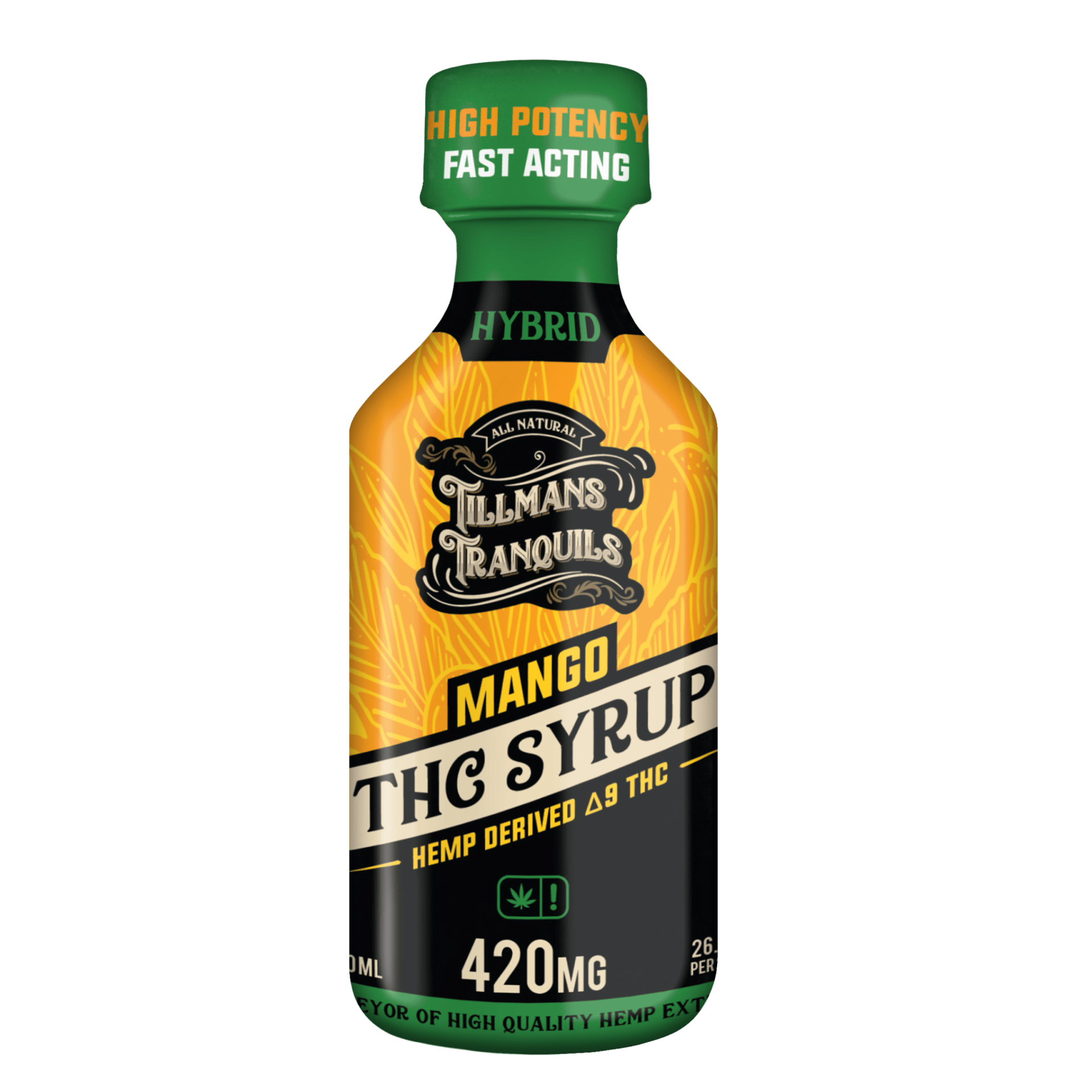 Mango THC Syrup bottle with tropical mango flavor highlights