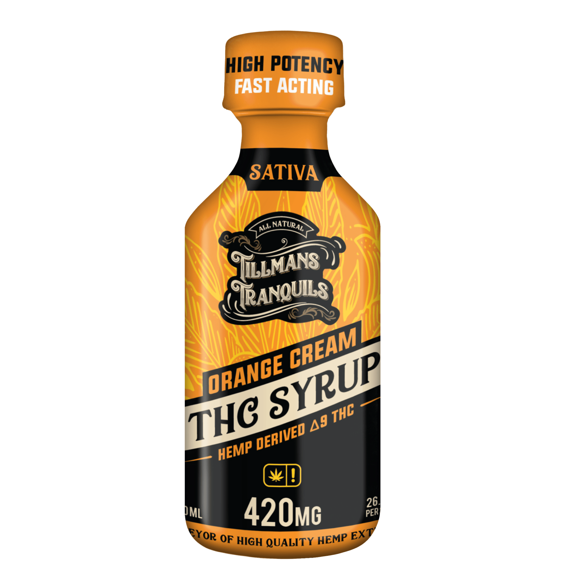 Orange Cream THC Syrup bottle with citrus flavor highlights