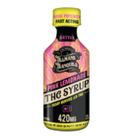 Pink Lemonade THC Syrup bottle with refreshing citrus and berry flavor highlights