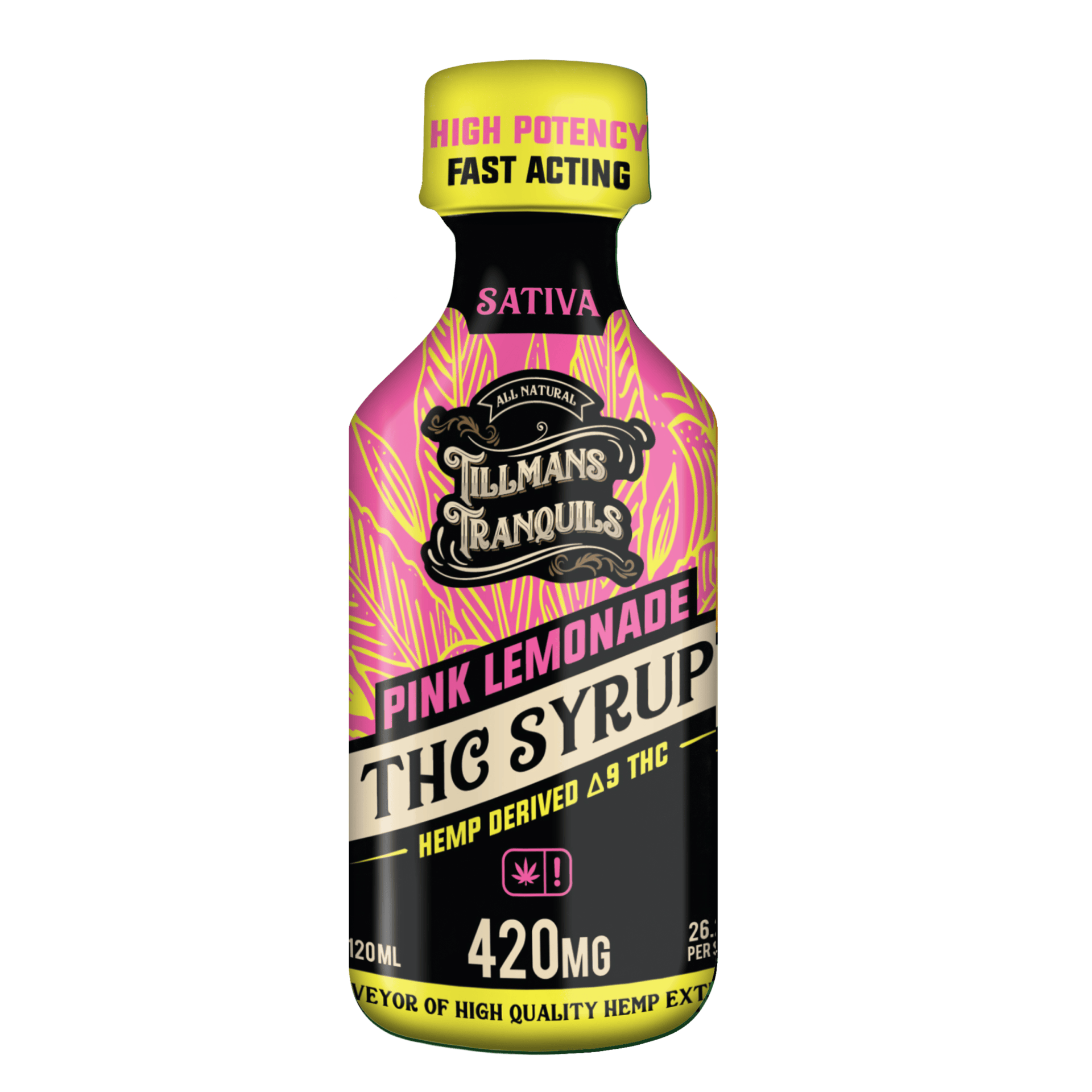 Pink Lemonade THC Syrup bottle with refreshing citrus and berry flavor highlights