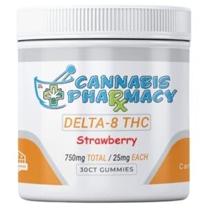 Front of Cannabis Pharmacy Strawberry D8 Gummies package with vibrant strawberry design