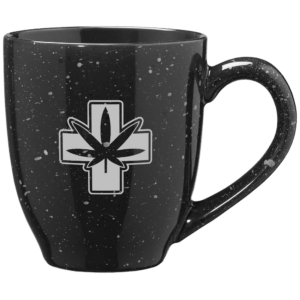 Front of Cannabis Pharmacy Wake and Bake Mug with sleek design and integrated bowl