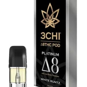 Front of 3CHI White Runtz Pods with THC featuring sleek design and vibrant, candy-inspired packaging