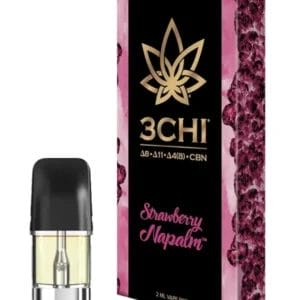 Front of 3CHI Strawberry Napalm Pods with THC featuring sleek design and fiery strawberry-inspired packaging