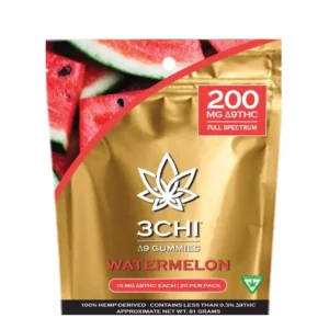 Front of 3CHI Watermelon D9 Gummies package with sleek design and vibrant watermelon-inspired details