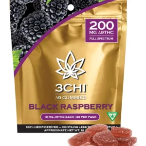 Front of 3CHI Black Raspberry D9 Gummies package with sleek design and bold black raspberry-inspired details