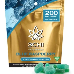 Front of 3CHI Blue Raspberry D9 Gummies package with sleek design and bold blue raspberry-inspired details