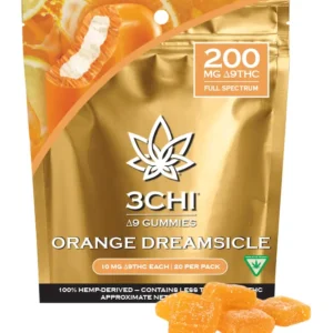 Front of 3CHI Orange Creamsicle D9 Gummies package with sleek design and vibrant orange creamsicle-inspired details