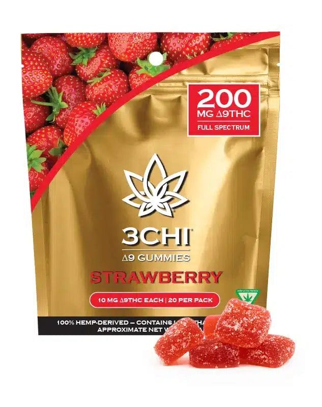 Front of 3CHI Strawberry D9 Gummies package with sleek design and vibrant strawberry-inspired details