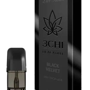 Front of Blackout Series 3CHI Black Velvet Pods with THC featuring sleek design and luxurious, velvet-inspired packaging
