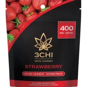 Front of 3CHI Strawberry D8 Gummies package with sleek design and vibrant strawberry-inspired details