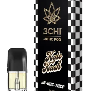 Front of 3CHI Kyle Kush Pods with THC featuring sleek design and earthy, kush-inspired packaging