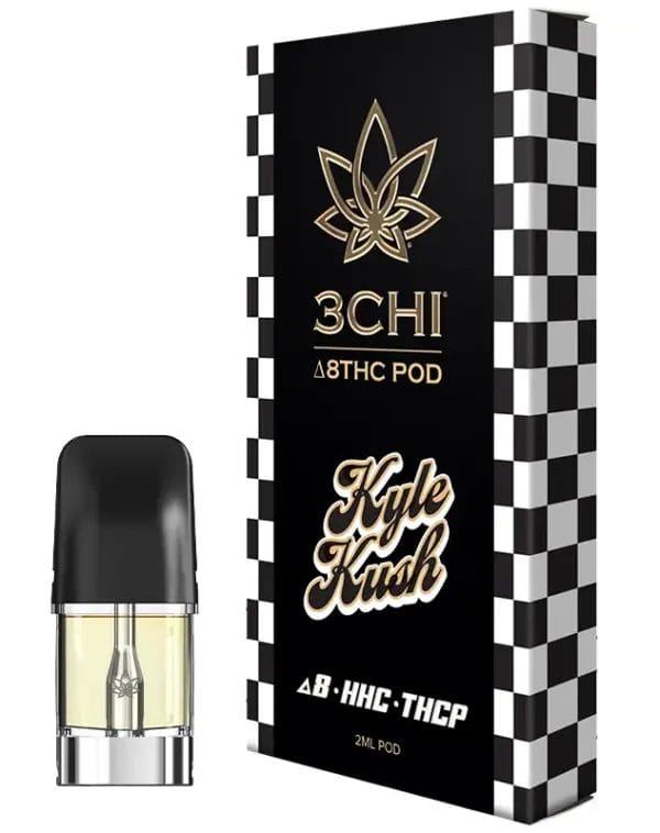 Front of 3CHI Kyle Kush Pods with THC featuring sleek design and earthy, kush-inspired packaging