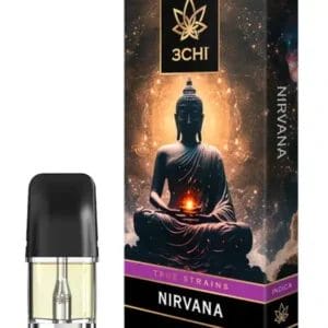 Front of 3CHI Nirvana Pods with THC featuring sleek design and serene, bliss-inspired packaging