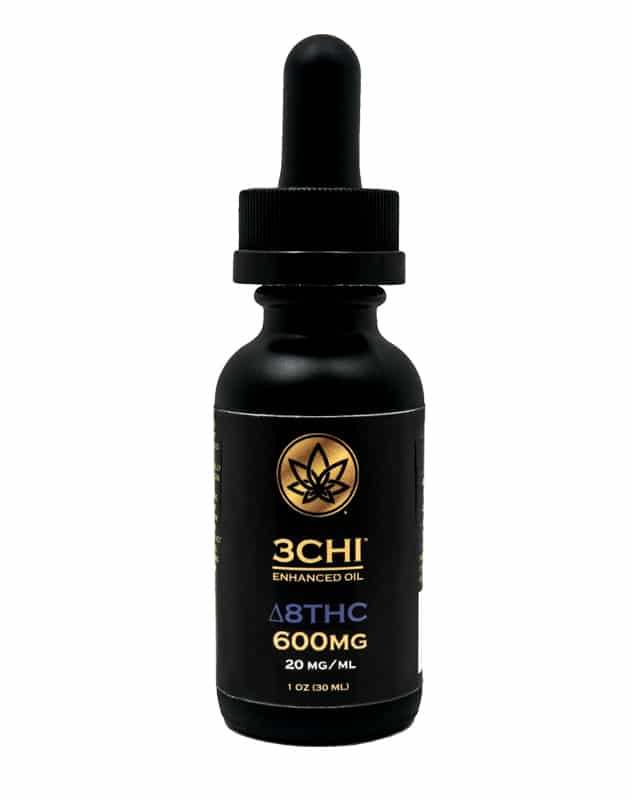 Front of 3CHI 600mg THC Tincture bottle with sleek design and clear labeling